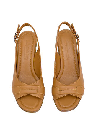 Elit Koc22-18 Kadın Hakiki Deri Topuklu Sandalet Taba