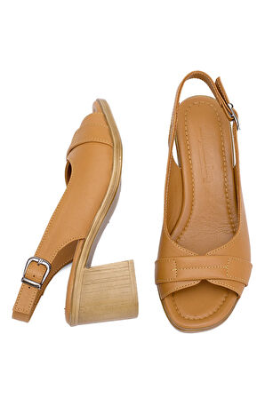 Elit Koc22-18 Kadın Hakiki Deri Topuklu Sandalet Taba