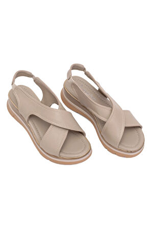 Elit Koc25-62 Kadın Hakiki Deri Dolgu Topuk Sandalet Bej