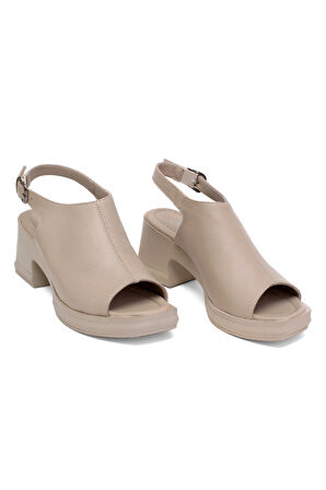 Elit Koc50-05 Kadın Hakiki Deri Topuklu Sandalet Bej