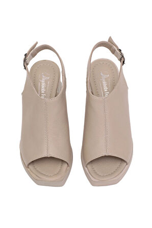 Elit Koc50-05 Kadın Hakiki Deri Topuklu Sandalet Bej