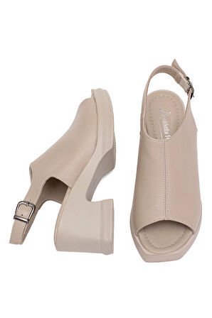 Elit Koc50-05 Kadın Hakiki Deri Topuklu Sandalet Bej