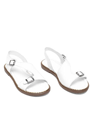 Elit Daria Kadın Hakiki Deri Düz Sandalet Beyaz