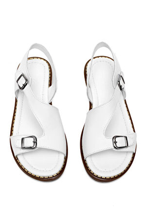 Elit Daria Kadın Hakiki Deri Düz Sandalet Beyaz