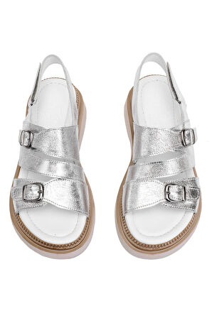 Elit Vesta Kadın Hakiki Deri Düz Sandalet Gümüş