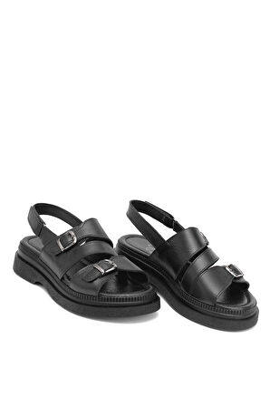 Elit Vesta Kadın Hakiki Deri Düz Sandalet Siyah