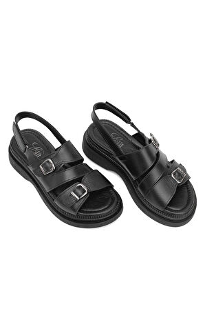 Elit Vesta Kadın Hakiki Deri Düz Sandalet Siyah