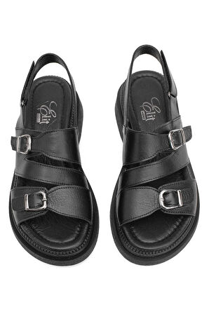 Elit Vesta Kadın Hakiki Deri Düz Sandalet Siyah