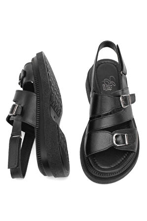 Elit Vesta Kadın Hakiki Deri Düz Sandalet Siyah