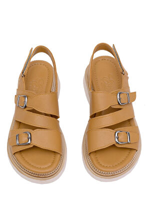 Elit Vesta Kadın Hakiki Deri Düz Sandalet Taba