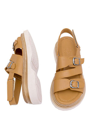 Elit Vesta Kadın Hakiki Deri Düz Sandalet Taba