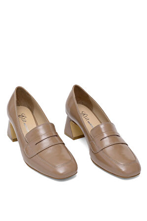 Elit Mireya Kadın Hakiki Rugan Deri Klasik Topuklu Ayakkabı Vizon