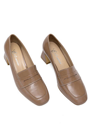 Elit Mireya Kadın Hakiki Rugan Deri Klasik Topuklu Ayakkabı Vizon