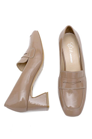 Elit Mireya Kadın Hakiki Rugan Deri Klasik Topuklu Ayakkabı Vizon