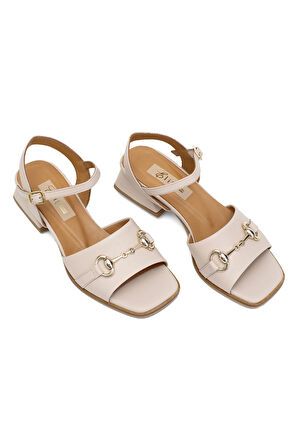 Elit Thalina Kadın Hakiki Deri Topuklu Sandalet Bej