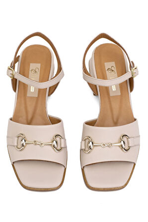 Elit Thalina Kadın Hakiki Deri Topuklu Sandalet Bej