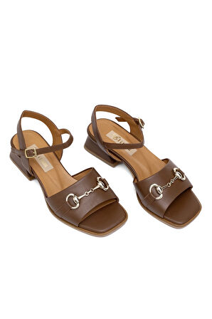 Elit Thalina Kadın Hakiki Deri Topuklu Sandalet Taba