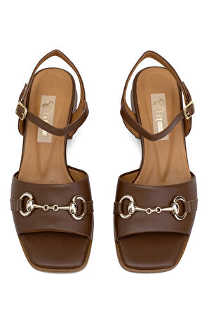 Elit Thalina Kadın Hakiki Deri Topuklu Sandalet Taba