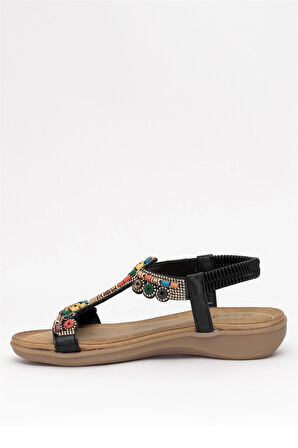 Guja 25Y150-1 Kadın Taşlı Düz Sandalet Siyah