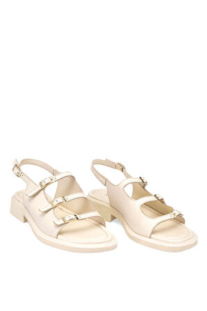 Elit Vivienne Kadın Hakiki Deri Ortopedik Düz Sandalet Bej