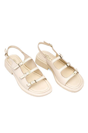 Elit Vivienne Kadın Hakiki Deri Ortopedik Düz Sandalet Bej