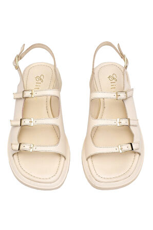 Elit Vivienne Kadın Hakiki Deri Ortopedik Düz Sandalet Bej