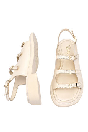 Elit Vivienne Kadın Hakiki Deri Ortopedik Düz Sandalet Bej