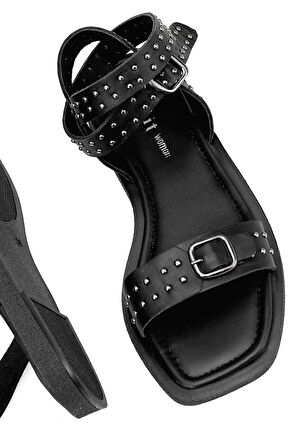 Elit Maribelle Kadın Hakiki Deri Ortopedik Düz Sandalet Siyah