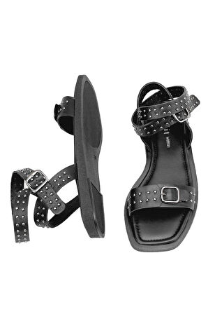 Elit Maribelle Kadın Hakiki Deri Ortopedik Düz Sandalet Siyah