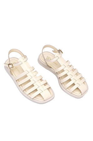 Elit Camila Kadın Hakiki Deri Ortopedik Düz Sandalet Bej