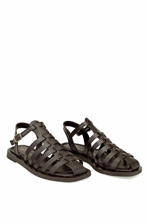 Elit Camila Kadın Hakiki Deri Ortopedik Düz Sandalet Kahverengi