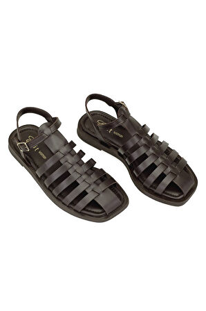 Elit Camila Kadın Hakiki Deri Ortopedik Düz Sandalet Kahverengi