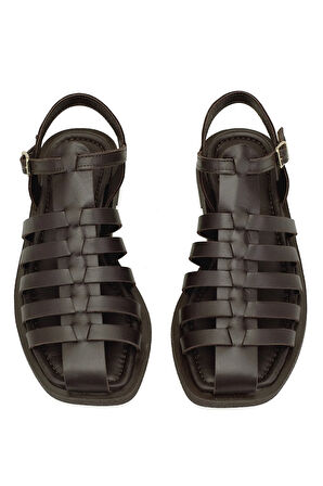 Elit Camila Kadın Hakiki Deri Ortopedik Düz Sandalet Kahverengi