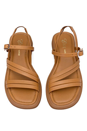 Elit Althea Kadın Hakiki Deri Ortopedik Düz Sandalet Taba