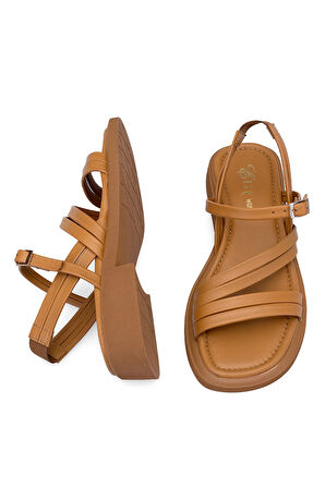 Elit Althea Kadın Hakiki Deri Ortopedik Düz Sandalet Taba