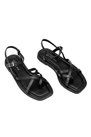 Elit Raveena Kadın Hakiki Deri Ortopedik Düz Sandalet Siyah