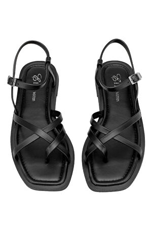 Elit Raveena Kadın Hakiki Deri Ortopedik Düz Sandalet Siyah