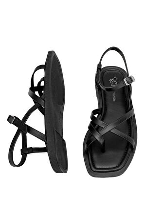 Elit Raveena Kadın Hakiki Deri Ortopedik Düz Sandalet Siyah