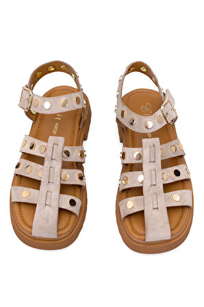 Elit Sylviana Kadın Hakiki Süet Deri Ortopedik Düz Sandalet Gri