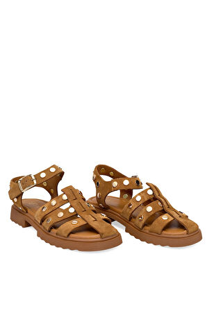 Elit Sylviana Kadın Hakiki Süet Deri Ortopedik Düz Sandalet Taba