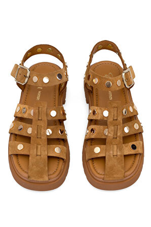 Elit Sylviana Kadın Hakiki Süet Deri Ortopedik Düz Sandalet Taba