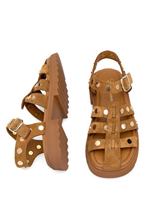 Elit Sylviana Kadın Hakiki Süet Deri Ortopedik Düz Sandalet Taba