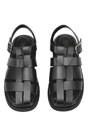 Elit Nerina Kadın Hakiki Deri Ortopedik Düz Sandalet Siyah