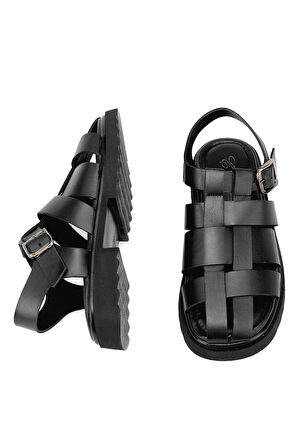 Elit Nerina Kadın Hakiki Deri Ortopedik Düz Sandalet Siyah