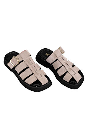 Elit Florencia Kadın Hakiki Süet Deri Ortopedik Düz Terlik Gri