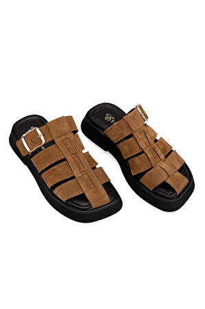 Elit Florencia Kadın Hakiki Süet Deri Ortopedik Düz Terlik Kahverengi