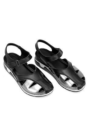 Elit RhmM-01 Kadın Hakiki Deri Ortopedik Düz Sandalet Siyah