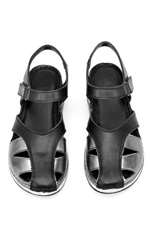 Elit RhmM-01 Kadın Hakiki Deri Ortopedik Düz Sandalet Siyah