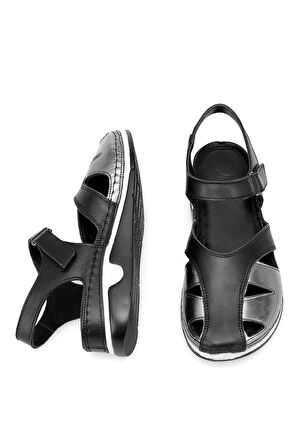 Elit RhmM-01 Kadın Hakiki Deri Ortopedik Düz Sandalet Siyah