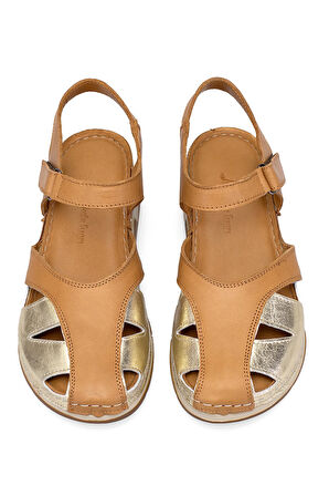 Elit RhmM-01 Kadın Hakiki Deri Ortopedik Düz Sandalet Taba